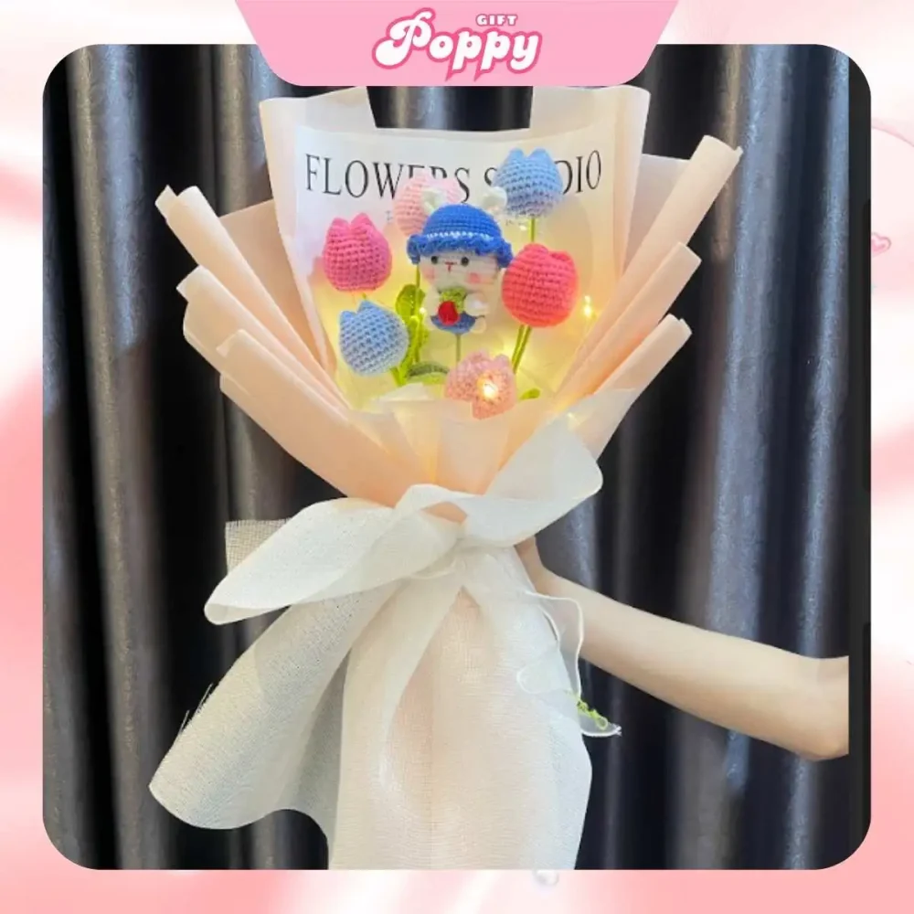 Bó hoa len handmade hoa tulip có móc khóa gấu PGHL09