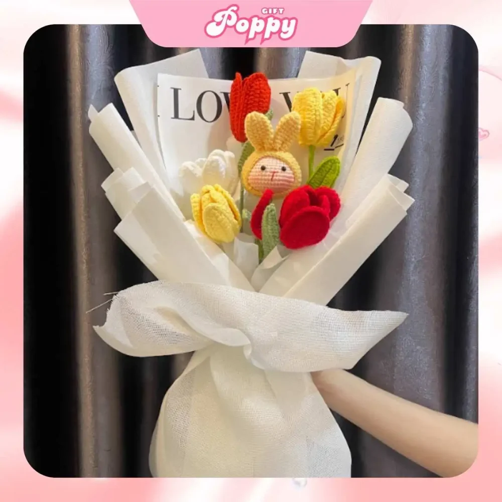 giới thiệu Bó hoa len handmade hoa tulip thỏ vàng