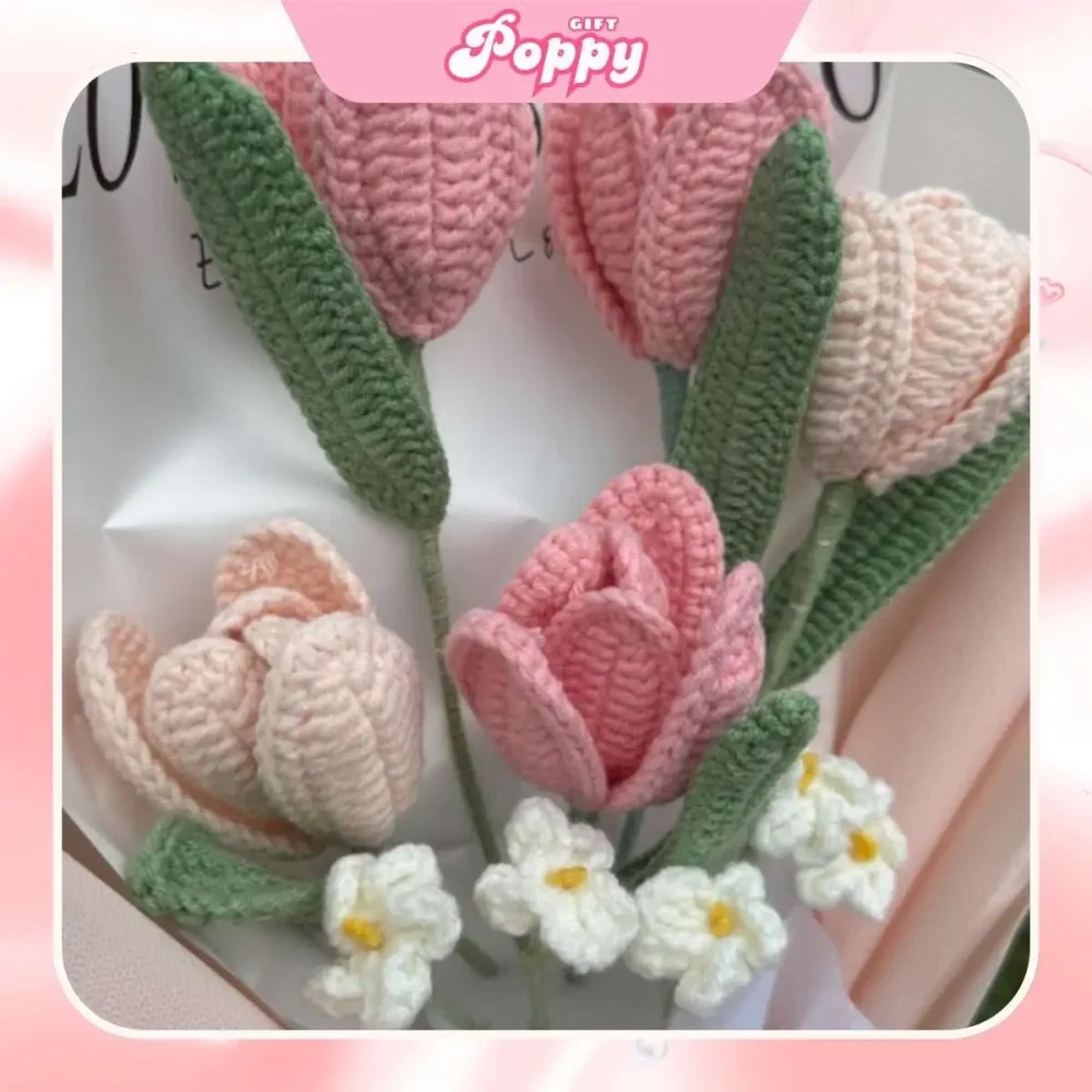 Bó hoa len handmade hoa tulip hồng PGHL15