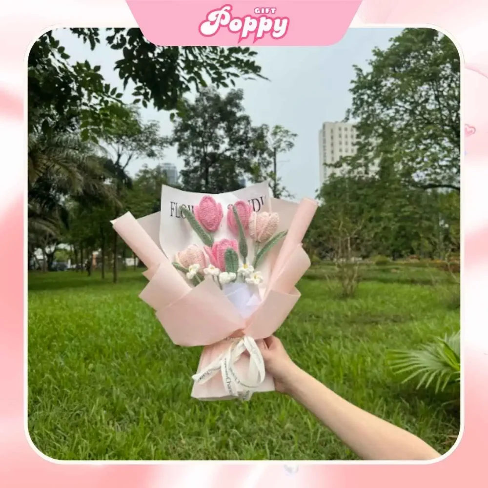 Bó hoa len handmade hoa tulip hồng đẹp